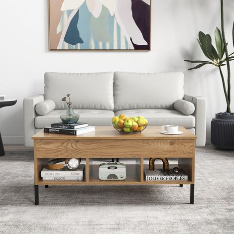 Table Basse Plateau Relevable avec 3 Compartiments et Rangement Caché Table de Salon à Pied en Métal avec Levage Pneumatique Naturel (1/3)