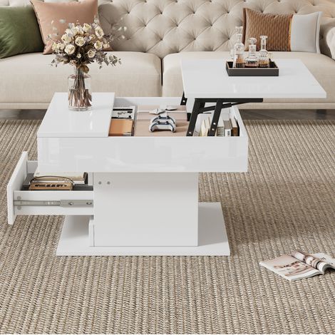 Table basse en panneaux de particules blanc brillant 70 x 70 cm, plateau rotatif 360° et relevable (1/5)