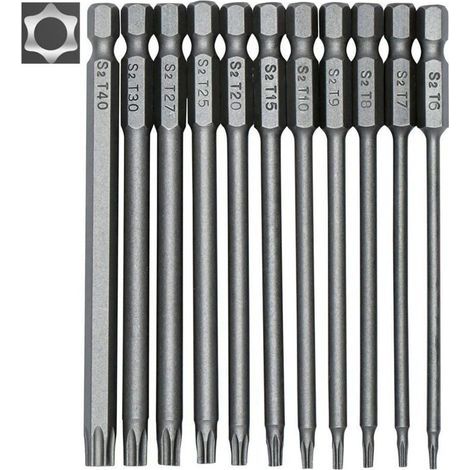 Jeu de 11 embouts longs Torx pour tournevis et visseuse électrique - Embouts magnétiques - Tige hexagonale de 1/4" - Tailles T6 à T40 - Longueur 100 mm (1/5)