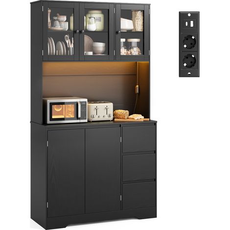 Sideboard 180 cm Hoch Bealife Küchenschrank mit Arbeitsplatte Farbwechselnder LED-Beleuchtung Verstellbaren Einlegeböden Steckdosen 5 Türen 3 Schubladen 100 x 40 x 180 cm Schwarz
