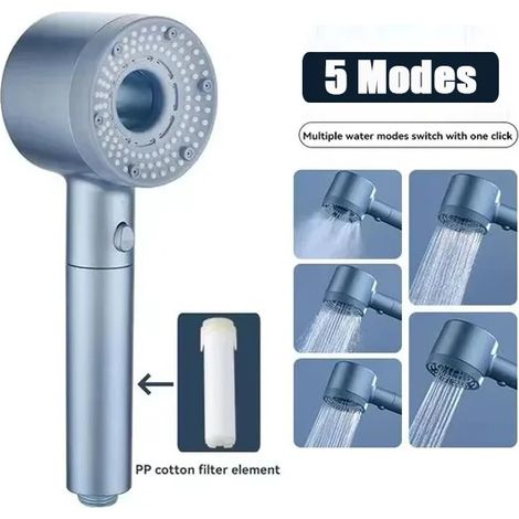 Pommeau de douche massant spa (bleu clair) 5 modes réglables, haute pression, économie d'eau, filtre portable, accessoires de salle de bain (1/5)