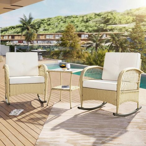 Ensemble balcon rotin 3 pièces – Chaises à bascule avec coussins beiges – Capacité 160 kg – Salon jardin confortable 76x80x86cm (1/5)