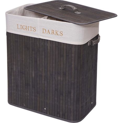 [JAMAIS UTILISÉ] Panier à linge HHG-153, bac à linge, bambou, 2 compartiments 63x55x34cm 100l, gris foncé (1/5)