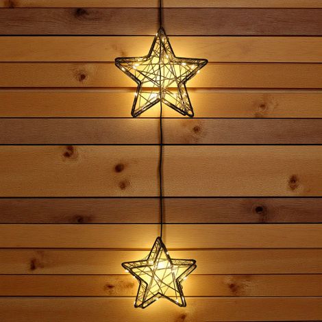 Metall Leuchtstern schwarz 2er Set für Außen mit Timer batteriebetrieben - 35 LED - Weihnachts Drahtstern zum Hängen warm weiß beleuchtet