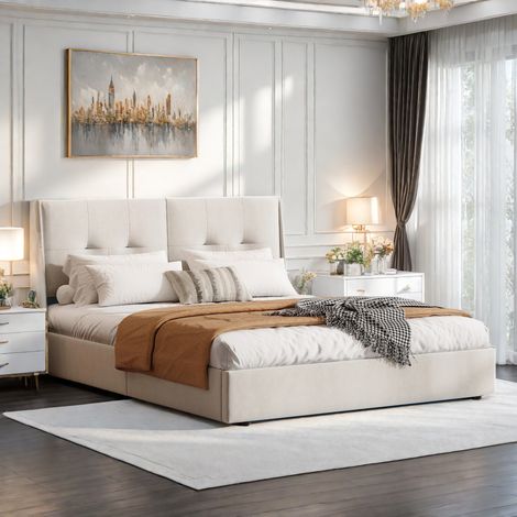 Lit Coffre 160x200 cm avec sommier LED, Lit double 160x200 avec rangement et tête de lit rembourré, Velours, Beige (1/5)