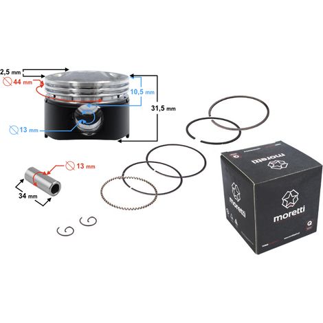 Piston 4T pour scooter Moretti 60cc, diamètre : 44, Sw : 13, C : 17,2, graphite, complet (1/3)