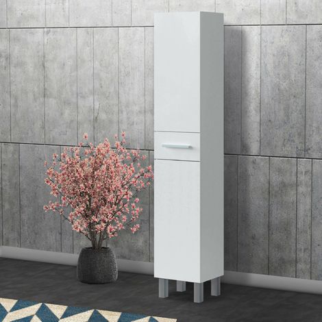 Dmora - Columna de baño Wilmington, Mueble alto para baño con 2 puertas y 1 cajón, Mueble alto, 35x31h182 cm, Blanco brillo, con embalaje reforzado (1/5)
