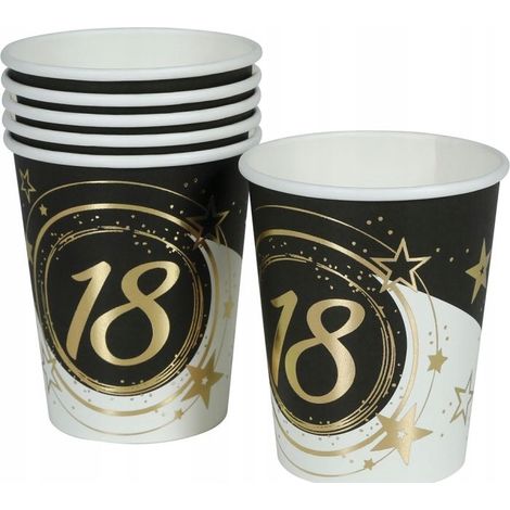 Vasos de papel para fiesta de 18 cumpleaños, color dorado y negro, 240 ml, 6 unidades. (1/4)