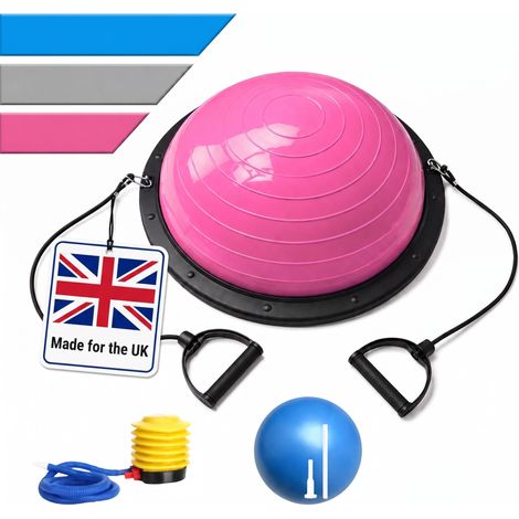 Relaxdays Balance Ball, 58 cm, with pump & bands, anti-burst, 150 kg, half-ball for yoga, Pilates & fitness, magenta (1/5)