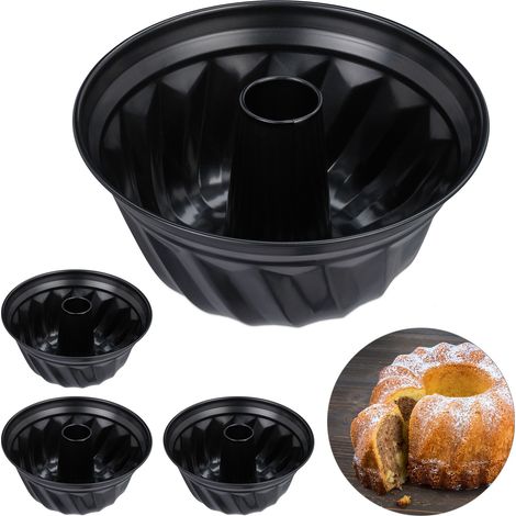 4 x Gugelhupfform, Marmor- & Rührkuchen, antihaftbeschichtet, Ø 25 cm, Carbonstahl, runde Napfkuchenform, schwarz