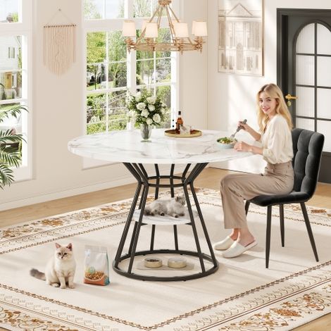 Table à manger ronde extensible plateau MDF blanc aspect marbre pieds métalliques noirs tablette intermédiaire patins réglables charge 40kg montage rapide cuisine salle à manger (1/5)