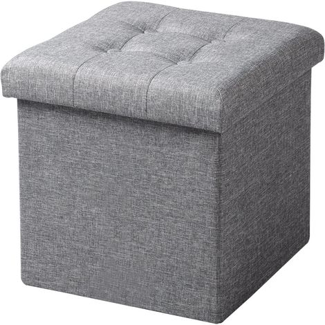 Woltu – Tabouret coffre pliable 38L – Dimensions 37,5x37,5x38cm – Siège repose-pied en lin et MDF – Couleur gris clair (1/4)