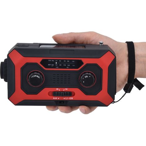 Radio météo d'urgence à manivelle avec commutation AM/AM, indicateur de batterie, lampe torche et batterie solaire pour le camping (version rouge UE). (1/5)