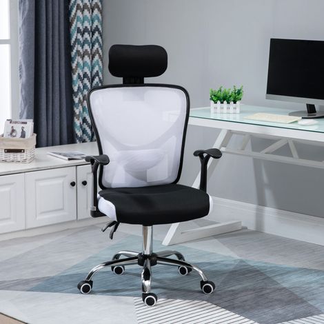 Fauteuil de bureau, chaise de bureau en maille avec hauteur réglable, dossier inclinable, 62x67x118cm, noir et blanc