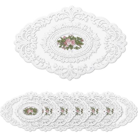 Waschbare und rutschfeste ovale Platzsets, 6er-Set hitzebeständige Platzsets, Tischdecke mit floraler Stickerei aus Spitze, weiß.