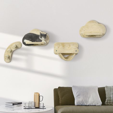 Escalier pour chat, ensemble 4 pièces, échelle 3 marches, 2 plateformes, hamac, housse en peluche, beige