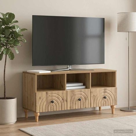 Meuble TV 3 tiroirs en bois d’ingénierie chêne artisanal 102 x 34,5 x 50 cm - PANGIVO (1/5)