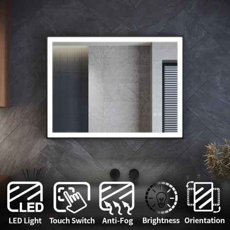 ELEGANT Bathroom LED Mirror 800 x 600 mm Black Aluminium Framed Bathroom Mirror with LED Light, Demister Pad, Hook, Adjustable Brightness, Horizontal/Vertical (1/5)