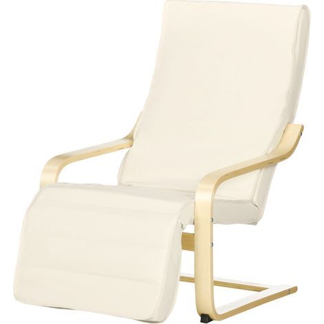 Chaise longue, bois de bouleau, blanc, crème, repose-pieds à 5 marches, jusqu’à 120 kg, 66,5 x 94 x 100 cm, avec, coussin (1/5)