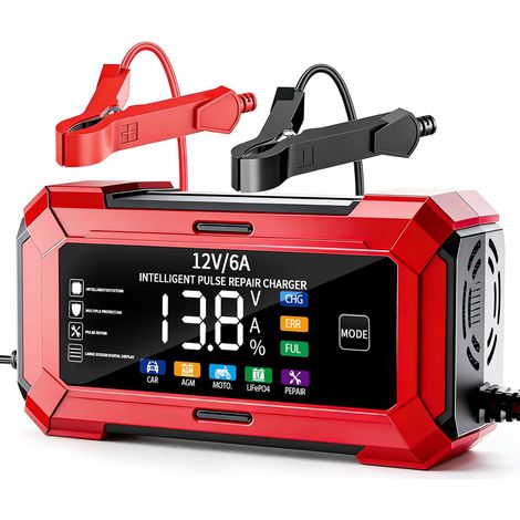 Chargeur de batterie intelligent 12V 6A – Écran LCD – Reconditionnement par impulsion – Protection contre surcharge et courts-circuits (1/5)