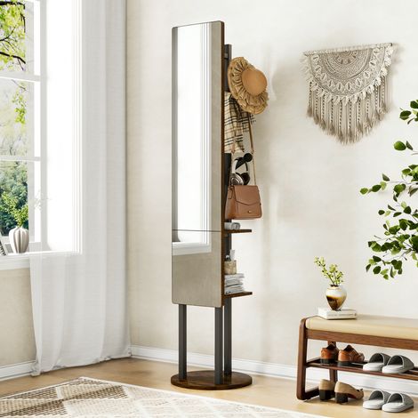 Armoire-miroir vintage marron avec rangement intégré, penderie pivotante 360° pour chambre, miroir pleine hauteur, étagères et crochets, 174x40 cm, meuble multifonctionnel. (1/5)