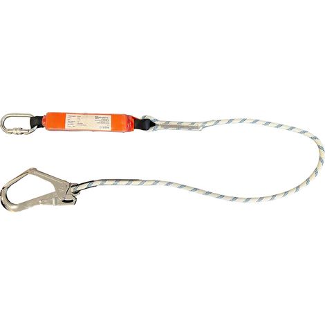 Corde de sécurité anti-chute de 2 mètres avec absorbeur d'énergie déchirable, mousqueton en acier et crochet pour échafaudage, certifié norme EN355 (1/2)
