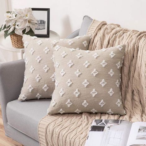 Filiyano-Lot de 2 housses de coussin jacquard à motif losanges 45x45 cm, douces et décoratives, pour canapé, salon ou chambre, beige (1/5)