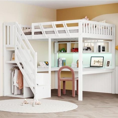 Lit mezzanine en bois massif 140x200 cm, escalier avec rangement, bureau, prise USB, LED, lit enfant ado, pratique, blanc (1/5)