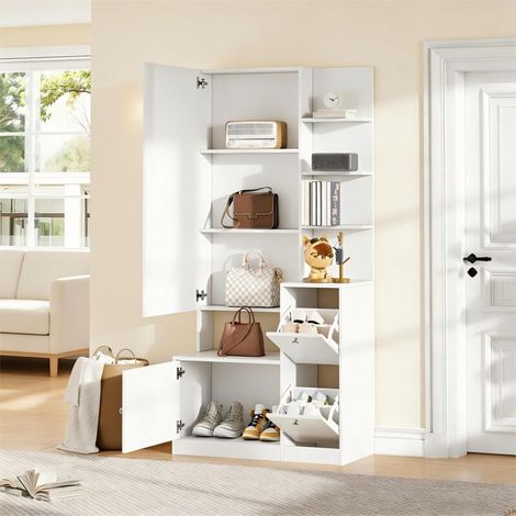 Ensemble de meubles d’entrée 85 x 40 x 180 cm – Miroir, meuble à chaussures, banc, penderie 2 portes, 5 étagères ouvertes, blanc – Rangement multifonction tout‑en‑un (1/5)