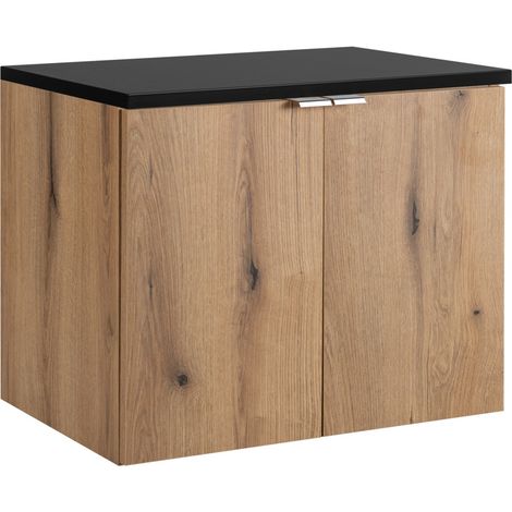 Meuble sous vasque suspendu 2 portes avec le plan noir NOVA OAK 60 CM en chêne (1/5)