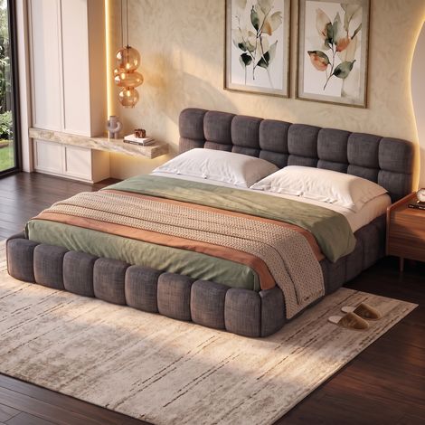JOOKGBD-Bubble Bett Polsterbett 160x200 cm,Doppelbett mit Lattenrost, Jugendbett mit Gepolstertes Kopfteil, Gepolstertes Bett für Schlafzimmer und Gästezimmer,ohne Matratze, Leinenstoff,Grau