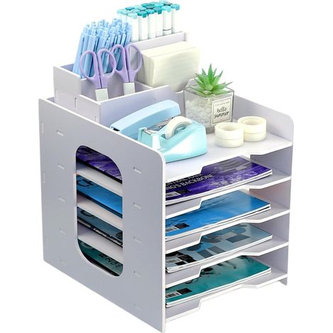 Holz Briefablage 5-Tier Schreibtisch Organizer mit Stifthalter, Weiß, Stapelbar (1/5)