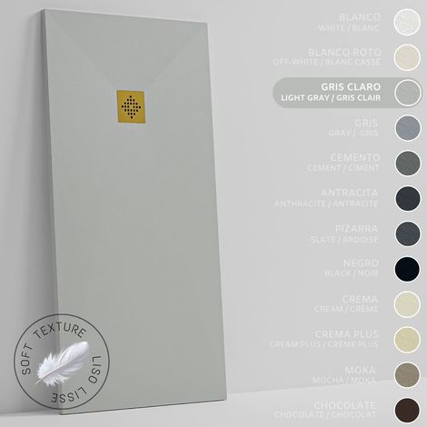 SOULHOME Receveur de Douche -Résine -Gel Coat -Texture Lisse Soie -Antidérapant -Couleur Gris Clair - 130x80- Extra plat 3cm. GRILLE DORÉE (1/5)