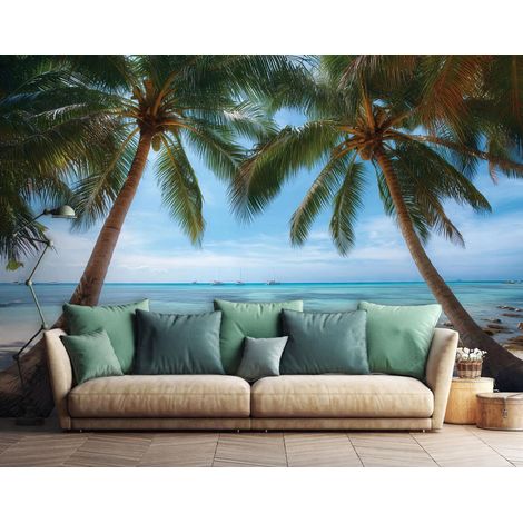 Fototapete Strand Palmen Meer Natur 3D-Optik, für Wohnzimmer und Schlafzimmer, 400 x 280 cm – Komplettset inkl. Kleister & Anleitung (1/5)