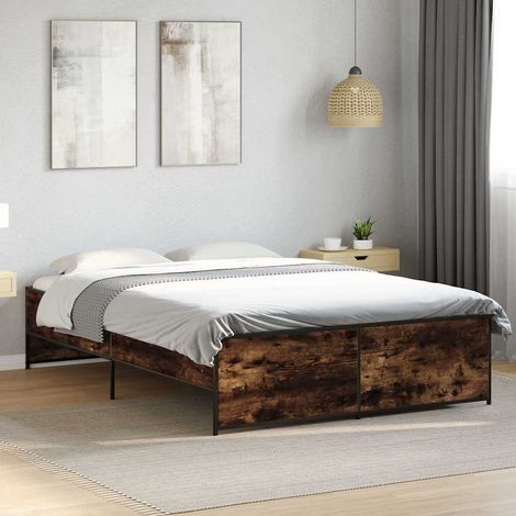 vidaXL Estructura cama madera ingeniería metal roble ahumado 120x200cm (1/5)