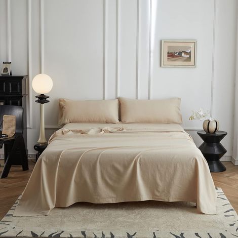 Drap Plat Lin Mélange Coton Literie Super Doux Facile d'entretien Drap de Lit,Lin,255 x 270 cm (1/5)