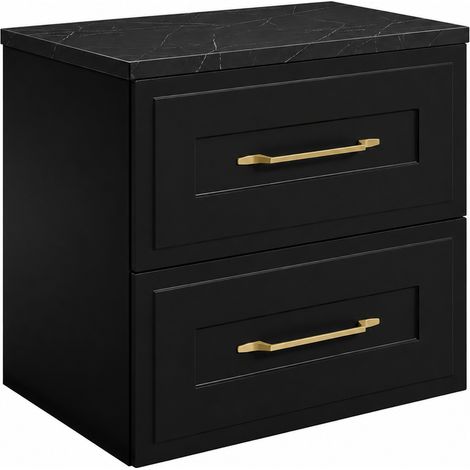 Meuble de salle de bain suspendu 60 cm à tiroirs, coloris noir + plan de travail marbre Black Royal, poignées coloris or, 60 x 46 x 58,6 cm (1/5)