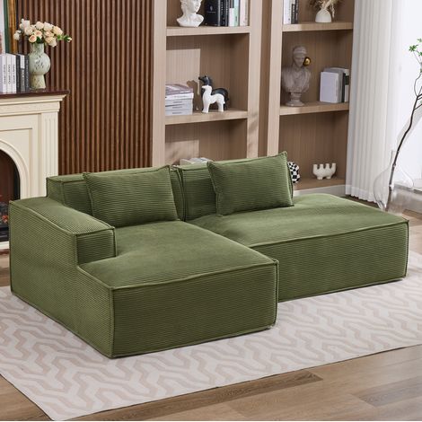 Divano angolare 233 cm verde in poliestere con chaise longue, seduta profonda 60 cm e 2 cuscini (1/5)