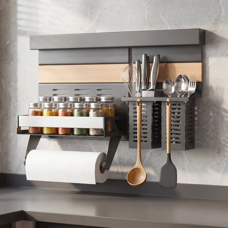 doporro Étagère Murale de Cuisine avec Rail Étagère à Épices Porte-Épices avec Porte-Rouleau Porte-Ustensiles en Acier Galvanisé Organisateurs Cuisine Épices et Ustensiles