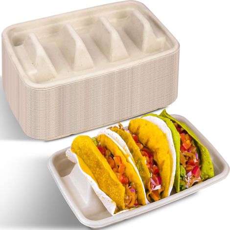 Lot de 50 Supports Taco Jetables Papier, Présentoir 3 Tacos, Fête et Bar à Tacos, Carton, Tri-Partition,... (1/5)