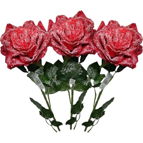 Fiore rosa con stelo foglie set da 3 rossa per addobbare decorare casa negozio (1/5)