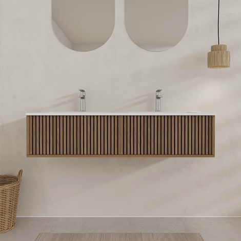 Mueble de Baño 120 - Frente Acanalado Roble y Negro - Lavabo Blanco - YUKI