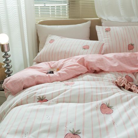 Parure de lit pour Enfant avec Housse de Couette et 2 taies d'oreiller, imprimé Rose Fraise, en Coton, avec Fermeture éclair et Attaches de Coin (1/5)