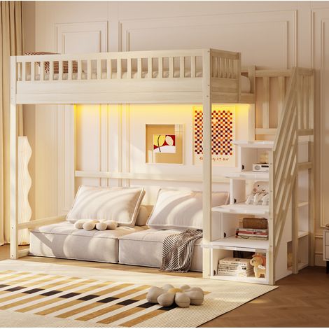 Letto a soppalco 90/200 cm in legno naturale con scala contenitore e LED (1/5)