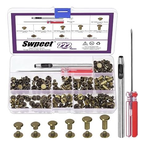 Rivets de reliure de Chicago 110pcs 6 tailles M5 x 4mm/5mm/6mm/8mm/10mm/12mm Bronze avec Kit d'outil d'installation, rivets à vis M5 pour la réparation en cuir (1/5)