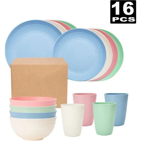 Ensemble de couverts en plastique clair (16 pièces), comprenant une assiette plate, une assiette à dessert, un bol à céréales et une tasse. (1/5)