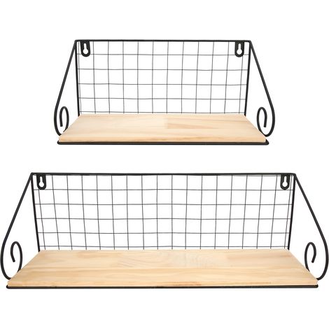Étagère murale avec structure en fer et plateau en bois, lot de 2, rangement mural suspendu, décoration intérieure, noir (1/4)