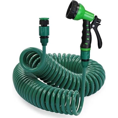 Flexibler Gartenschlauch mit Sprühdüse 15 Meter Spiralschlauch 7 Einstellmöglichkeiten flexibel elastisch Anschlüsse ideal für kleine Gärten (1/5)