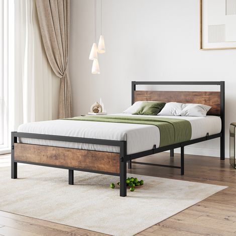 Letto matrimoniale 140x200 cm con rete a doghe e contenitore, struttura robusta in metallo, MDF color marrone anticato. (1/5)