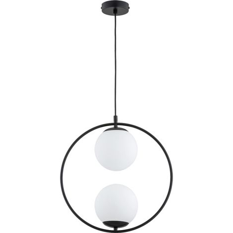 Alfa ADINO Modern Black Ring Pendant Lamp with 2 White Globe Shades, Metal Ceiling Light, 2x E14 max 10W, Dimmable, 85 cm, for Kitchen Dining Room & Living Room